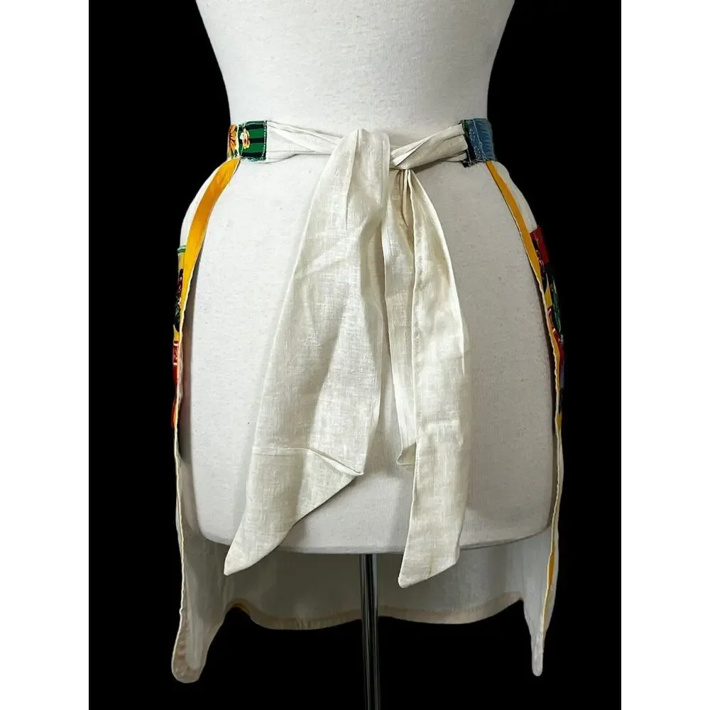 Vintage MCM Half Apron Linen Hostess Retro Floral Trad Cottagecore
